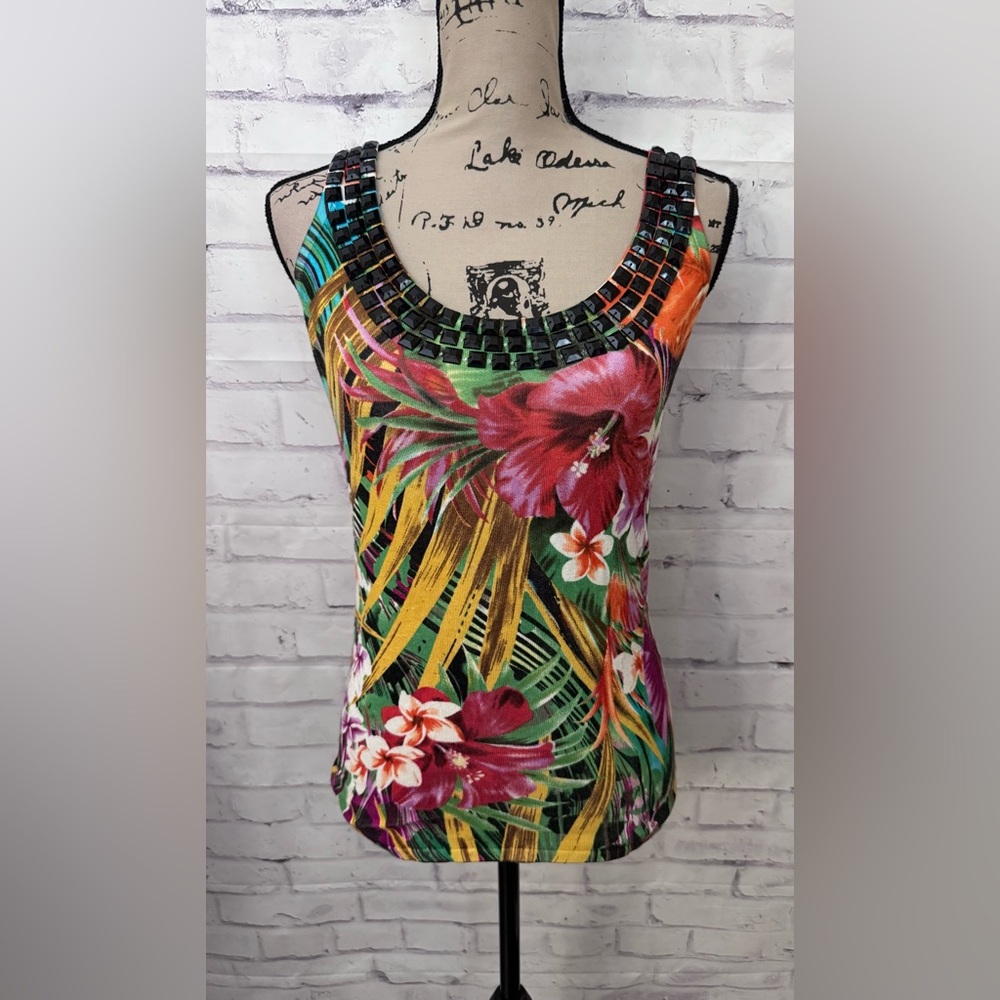 Cache Sz S Y2K Beaded Tropical Tank top Scoop Neck Hibiscus Floral Bold Mob Wife
